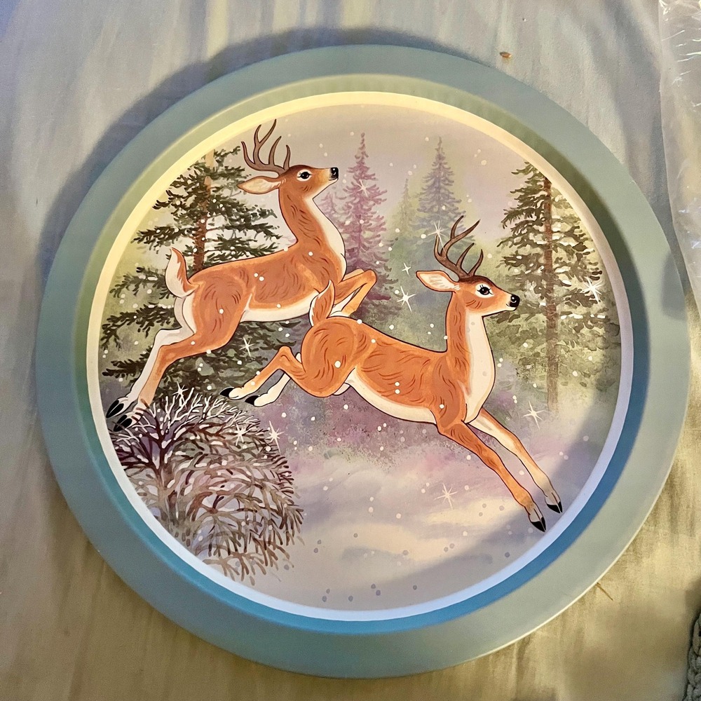 J.S.N.Y. Deer Winter Scene Holiday Tin Tray‎ Vintage Y2K Christmas Decor 12.5"